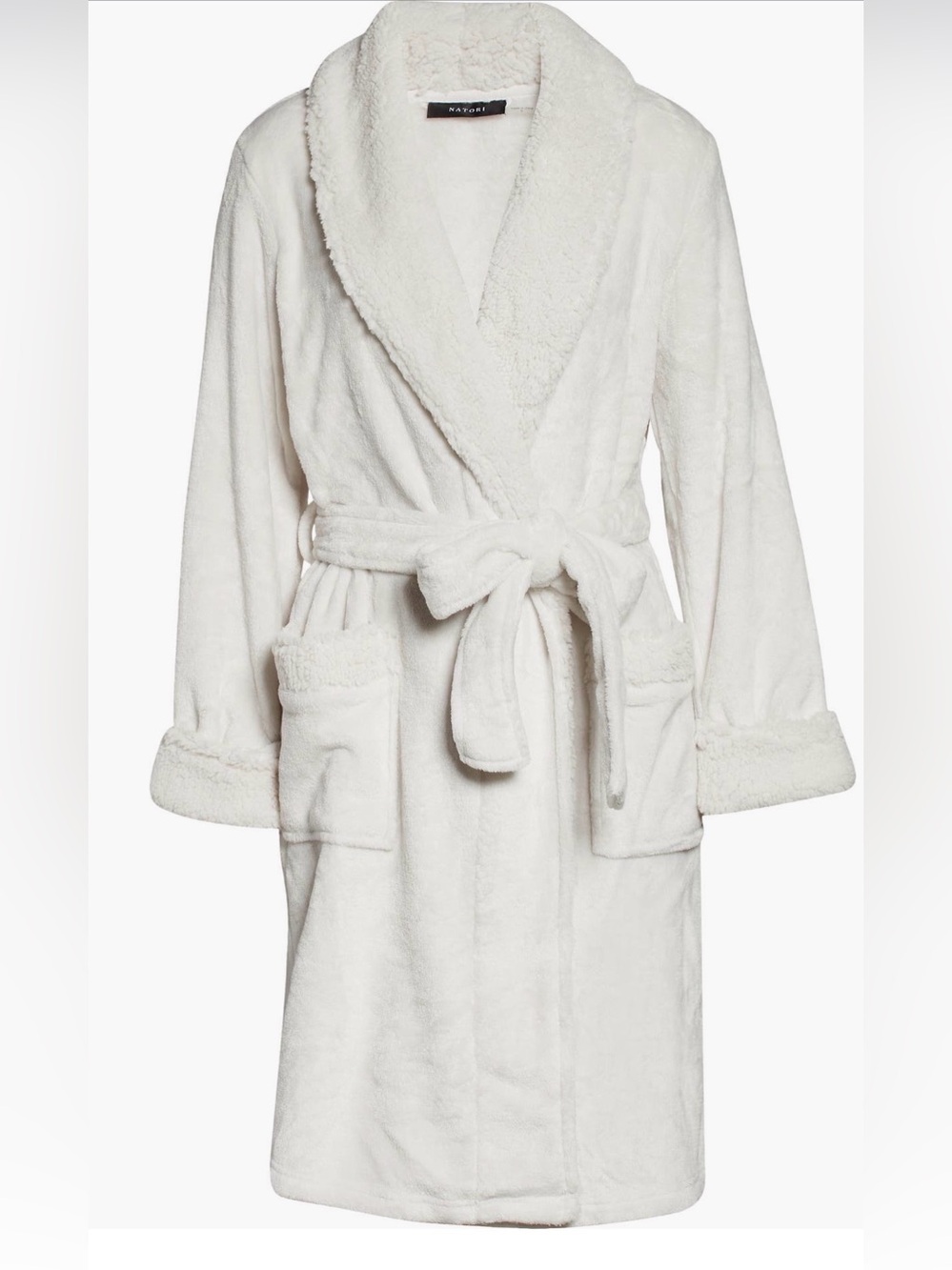 Natori Plush Fleece Robe bone off white cream Large NWT